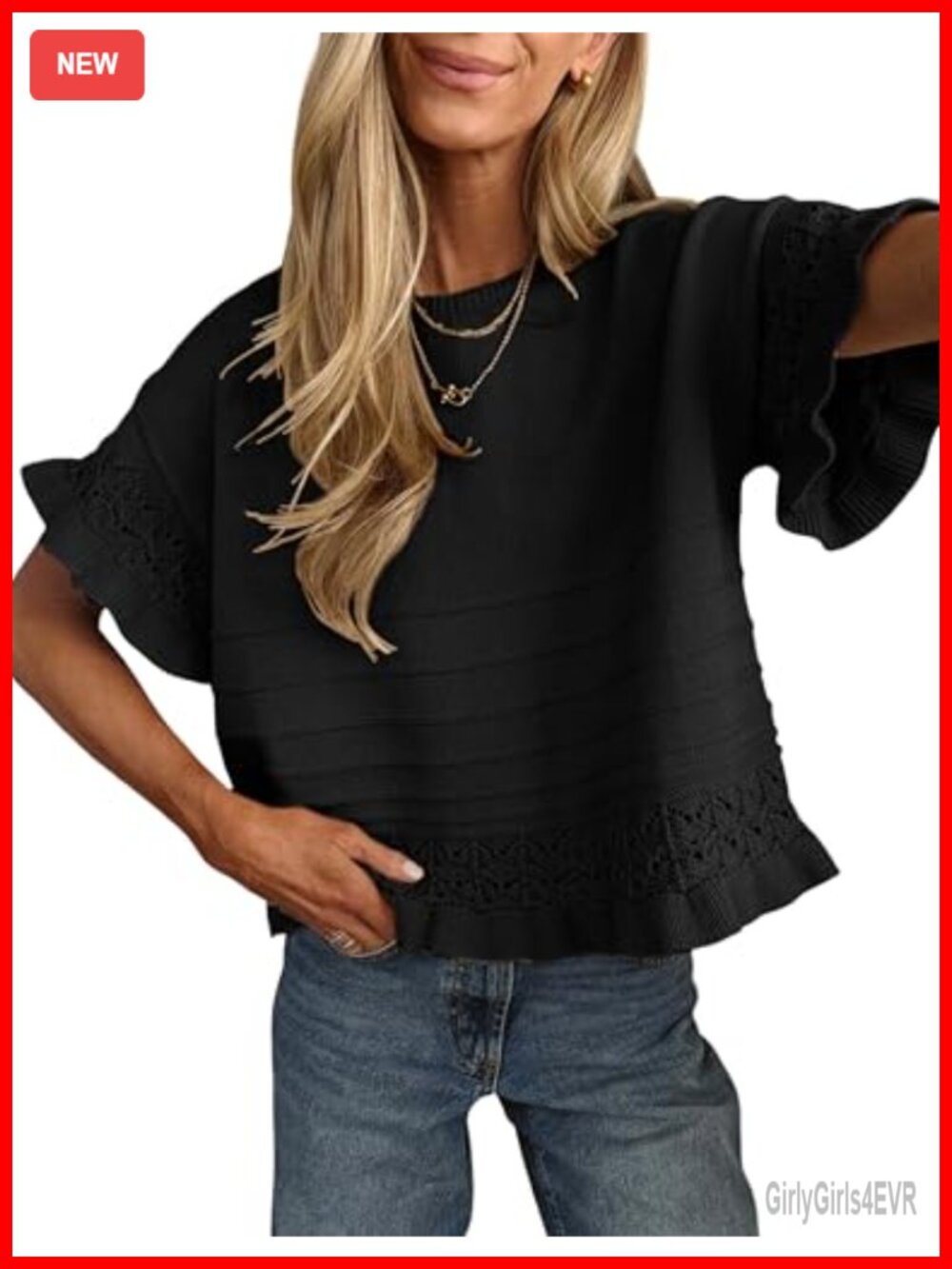 Womens Short Sleeve Knit Sweater Ruffled Hem Crochet Pullover Top
